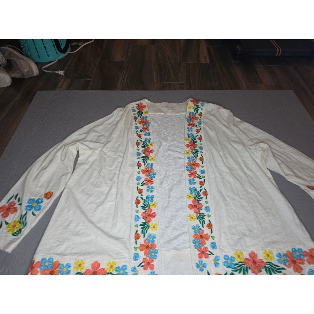 Soft Surroundings Women 2X Ivory Floral Embroidered Open Front Slub Cardigan